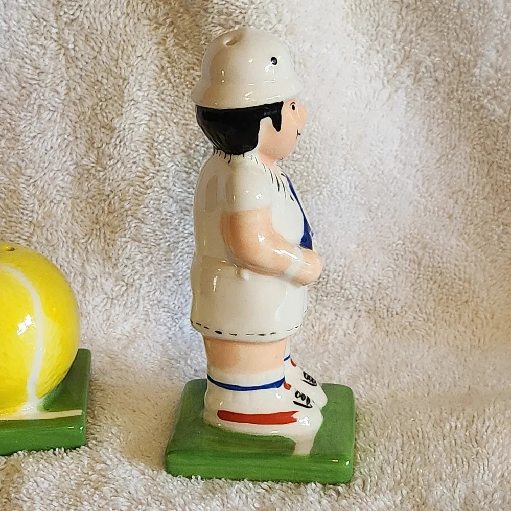 Vintage OCI Omnibus Ceramic Tennis Player and Ball Salt and Pepper Shaker Set